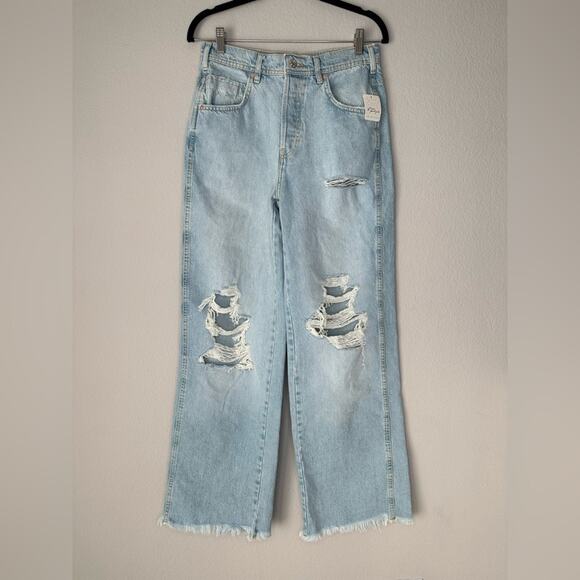 FREE PEOPLE Womens Extreme Wide Leg Light Wash Distressed Denim Jeans Size 25 - Picture 2 of 12